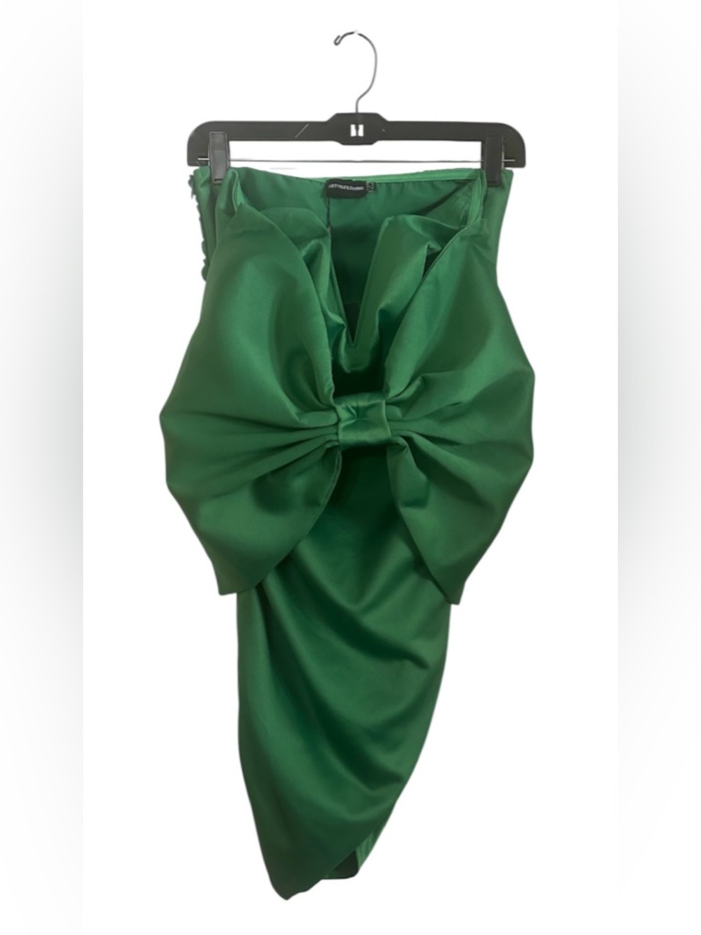 Pretty Little Thing Strapless Satin Bow-Front Green Women's Bodycon Mini Dress